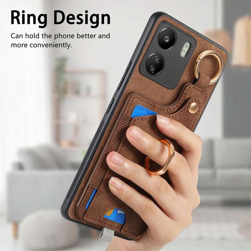 For Redmi Note 13 5G Retro Skin-feel Ring Card Bag Phone Case with Hang Loop(Brown)