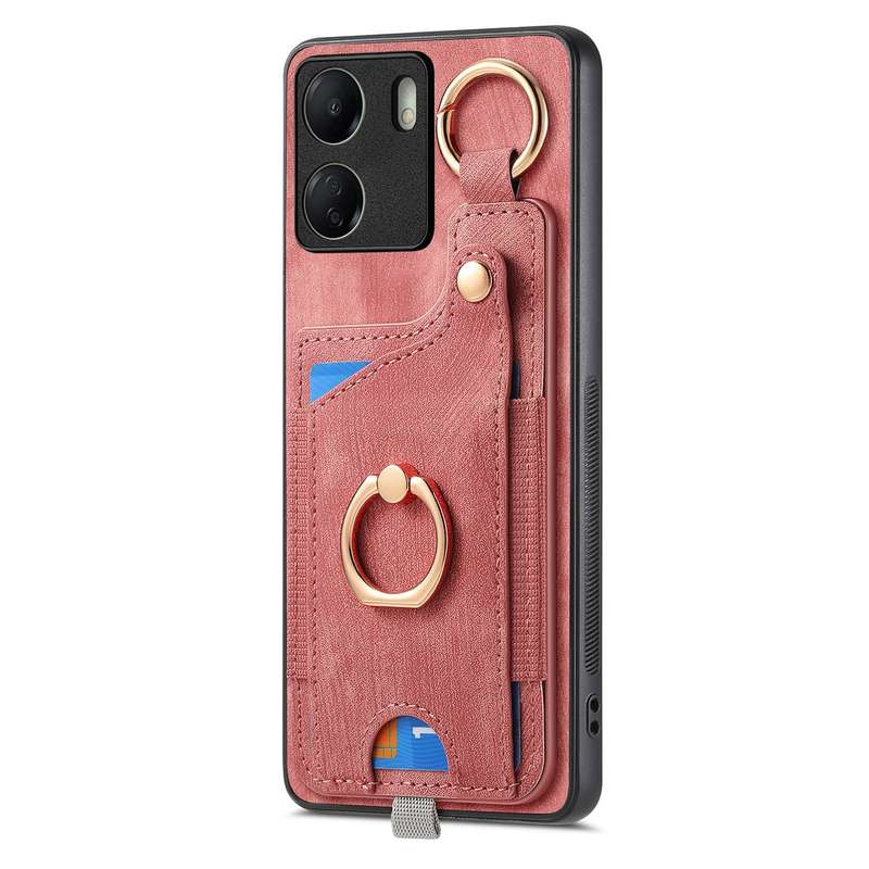 For Redmi 10C Retro Skin-feel Ring Card Bag Phone Case with Hang Loop(Pink)