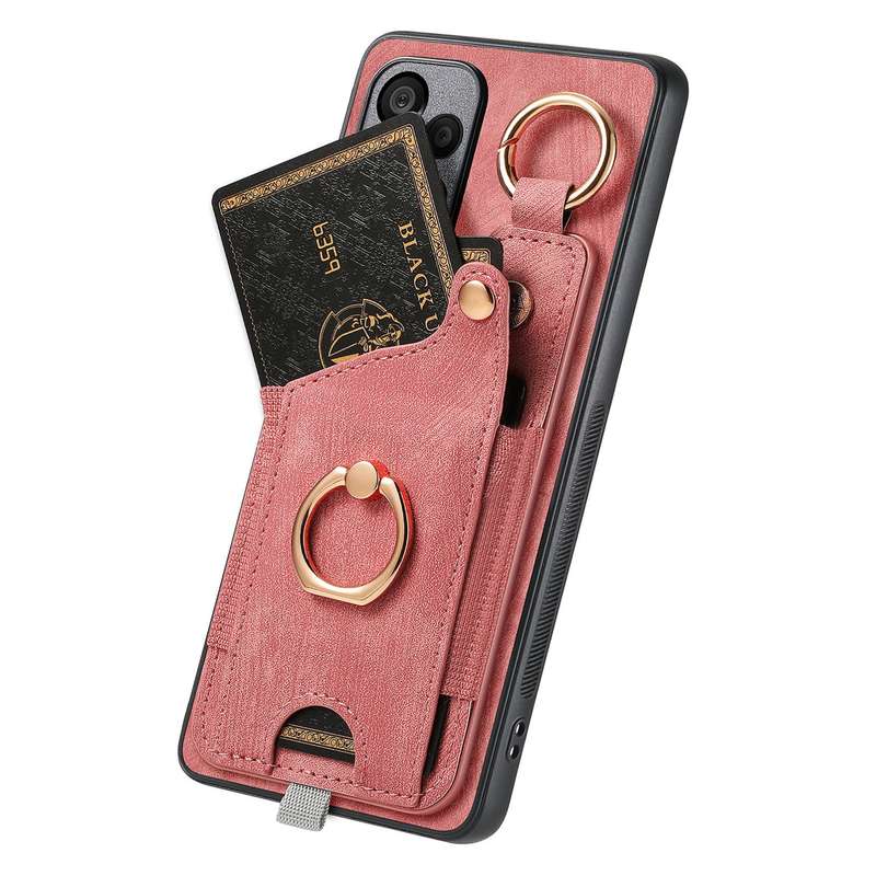 For Redmi 10C Retro Skin-feel Ring Card Bag Phone Case with Hang Loop(Pink)