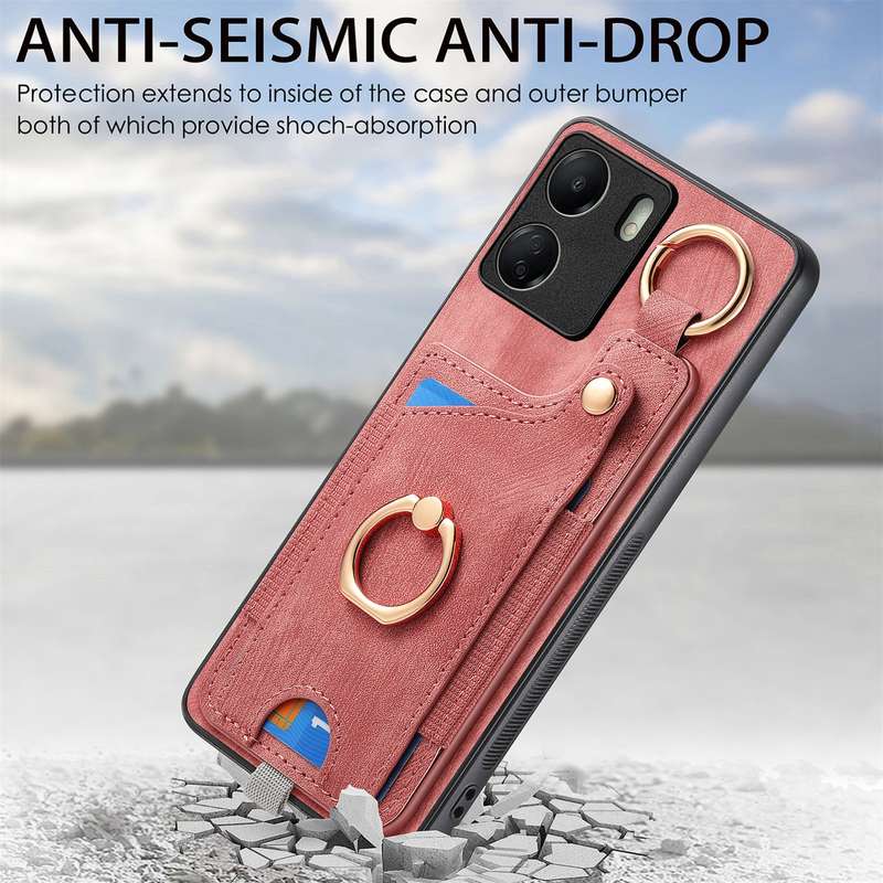 For Redmi 10C Retro Skin-feel Ring Card Bag Phone Case with Hang Loop(Pink)