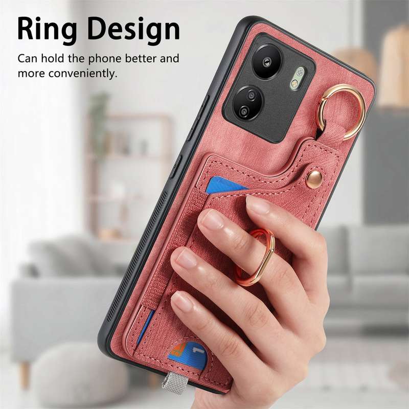 For Redmi 10C Retro Skin-feel Ring Card Bag Phone Case with Hang Loop(Pink)