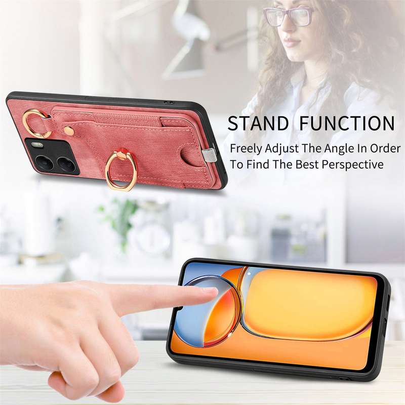 For Redmi 10C Retro Skin-feel Ring Card Bag Phone Case with Hang Loop(Pink)