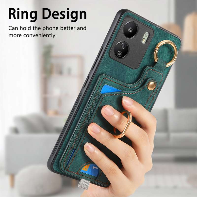 For Redmi Note 9 4G Retro Skin-feel Ring Card Bag Phone Case with Hang Loop(Green)