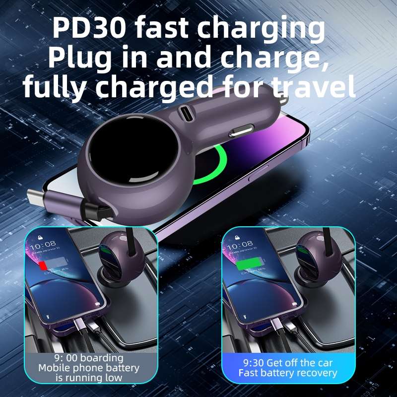 K2 With 60W Type-C Retractable Cable Type-C Port Phone Fast Charging Adapter Car Charger