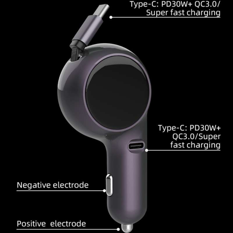 K2 With 60W Type-C Retractable Cable Type-C Port Phone Fast Charging Adapter Car Charger
