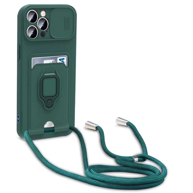 For iPhone XS Max Sliding Camshield Magnetic Card Holder Silicone Phone Case with Lanyard(Black