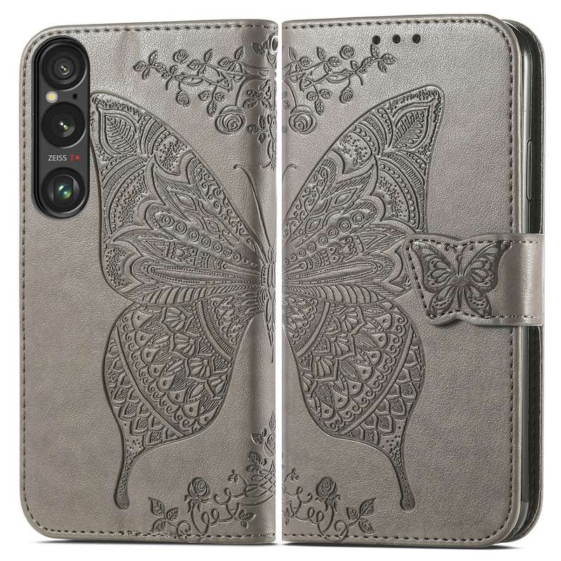 For Sony Xperia 1 VI Butterfly Love Flower Embossed Leather Phone Case(Gray)