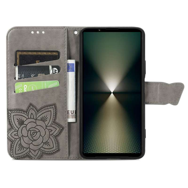 For Sony Xperia 1 VI Butterfly Love Flower Embossed Leather Phone Case(Gray)