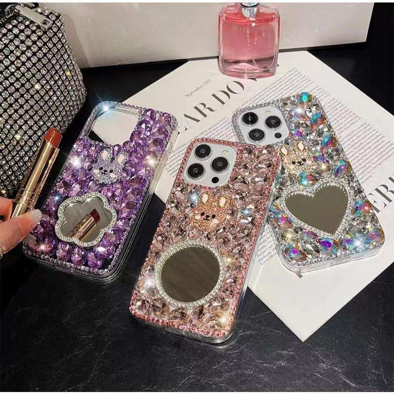 For iPhone 14 Pro Diamond Mirror Bunny Handmade PC Phone Case(Colorful Love Mirror)
