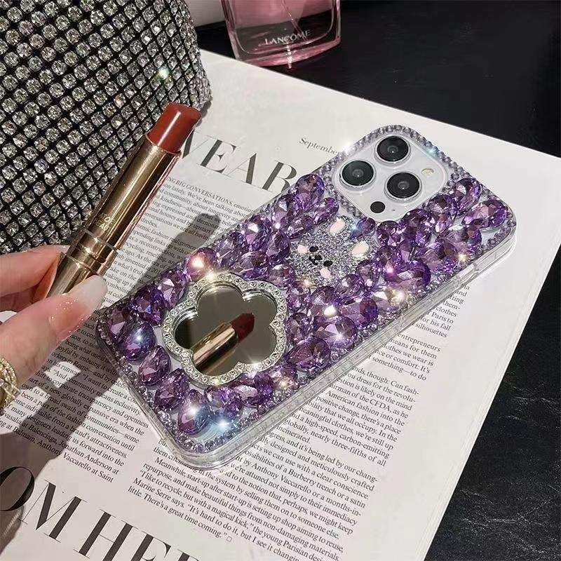 For iPhone 14 Pro Diamond Mirror Bunny Handmade PC Phone Case(Colorful Love Mirror)