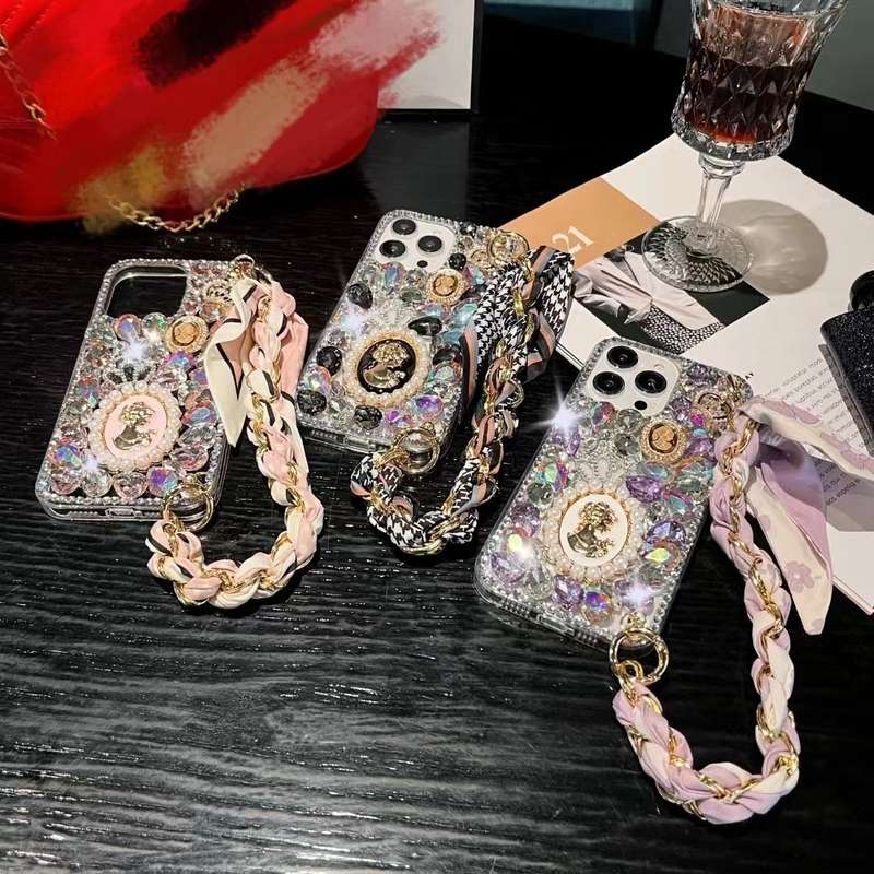 For iPhone 13 Handmade Diamond Purple Gemstone Scarf Bracelet PC Phone Case(White)