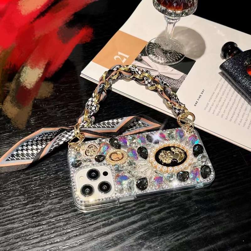 For iPhone 13 Handmade Diamond Purple Gemstone Scarf Bracelet PC Phone Case(White)