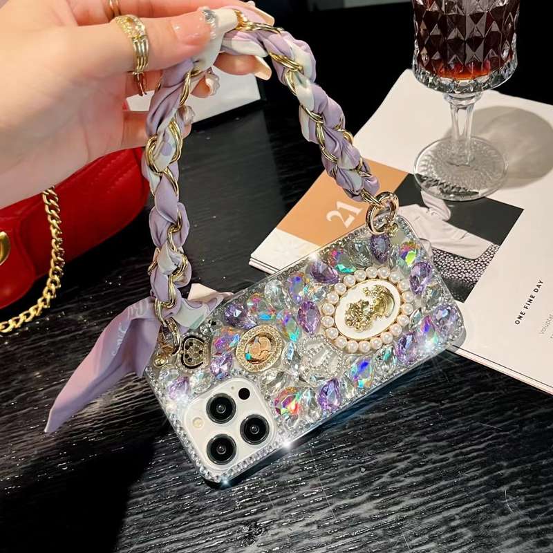 For iPhone 13 Handmade Diamond Purple Gemstone Scarf Bracelet PC Phone Case(White)