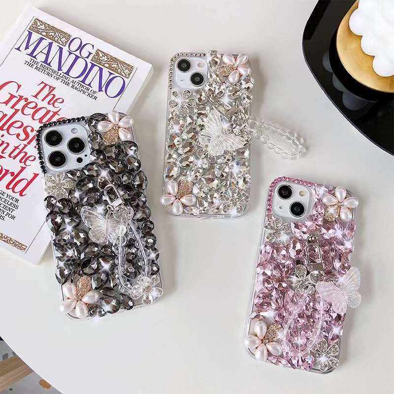 For iPhone 12 Pro Max Handmade Butterfly Diamond Inlay PC Phone Case(Pink)