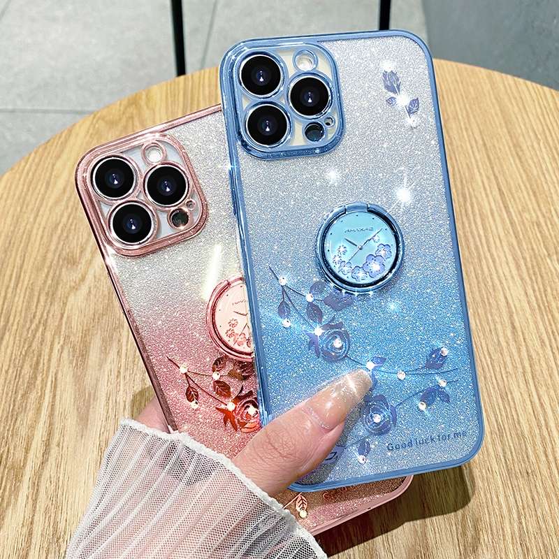 For iPhone 16 Pro Gradient Glitter Immortal Flower Ring All-inclusive Phone Case(Purple)