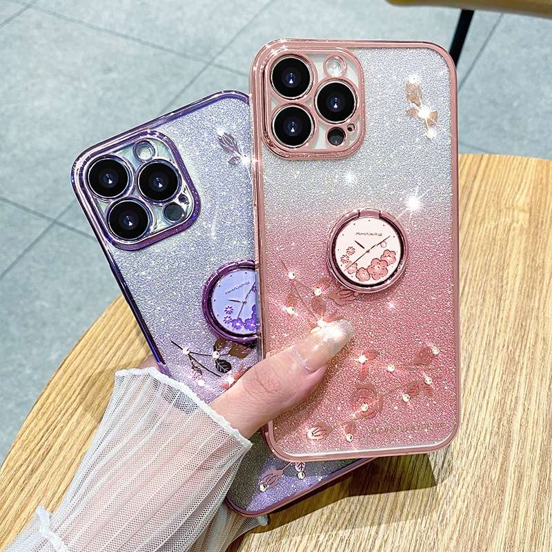 For iPhone 16 Pro Gradient Glitter Immortal Flower Ring All-inclusive Phone Case(Purple)