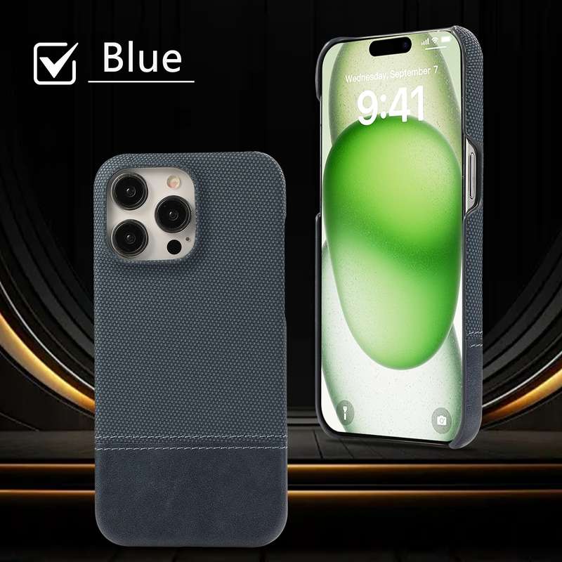For iPhone 15 Pro Max Stitching Cloth PU Shockproof Phone Case(Dark Blue)