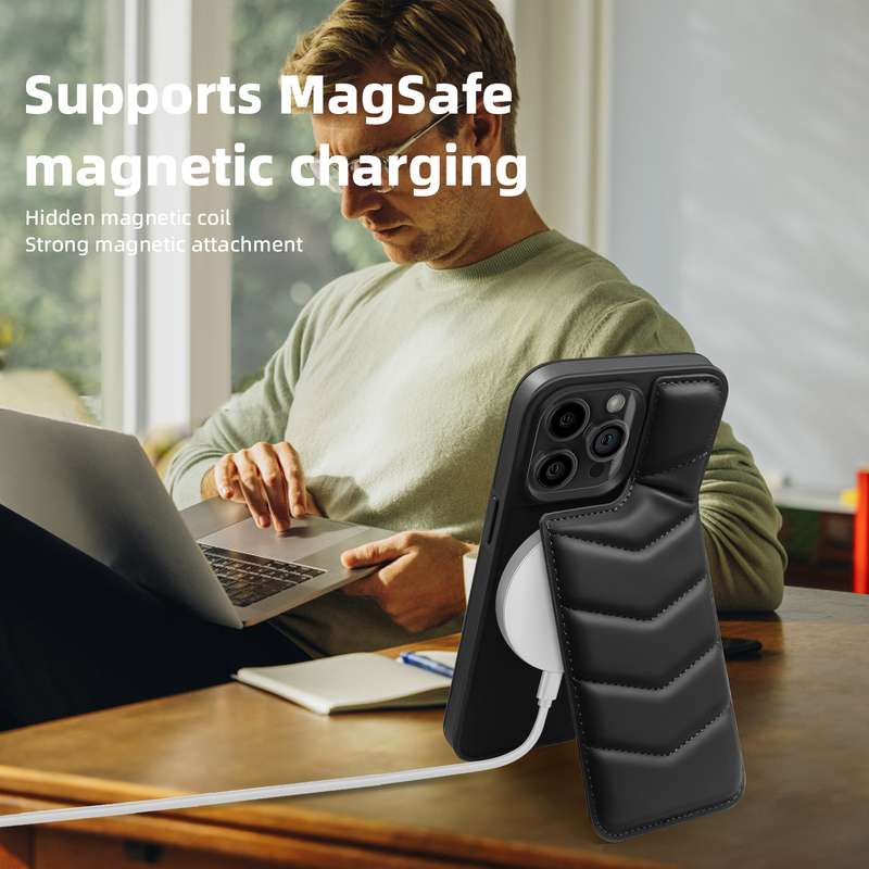 For iPhone 13 Pro Max Down Jacket Card Bag Holder MagSafe Phone Case(Black)