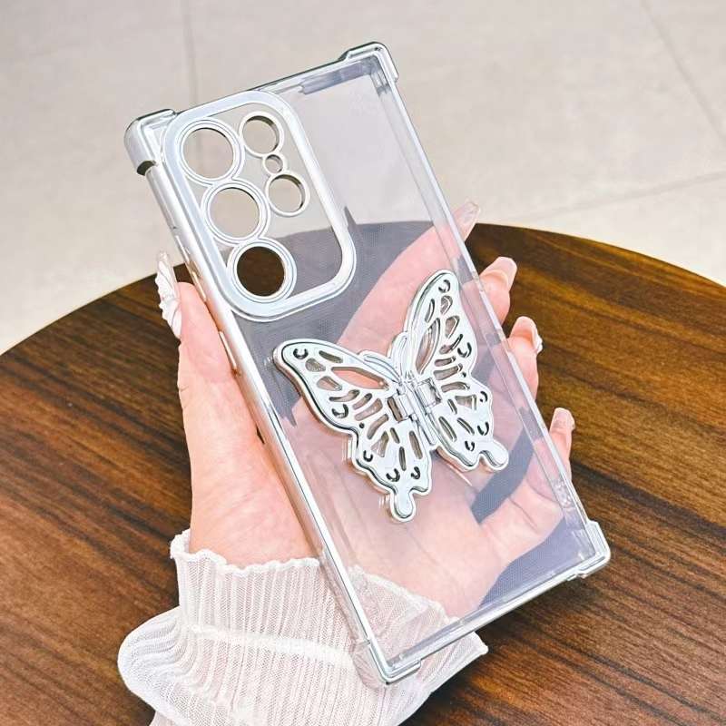 For Samsung Galaxy A55 Electrpolated 3D Butterfly Holder TPU Phone Case(Pink)