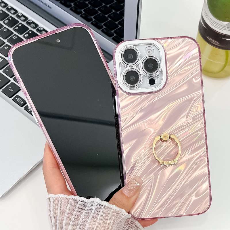For iPhone 16 Plating Glitter Texture Ring Holder TPU Phone Case with Lens Film(White Tinfoil T