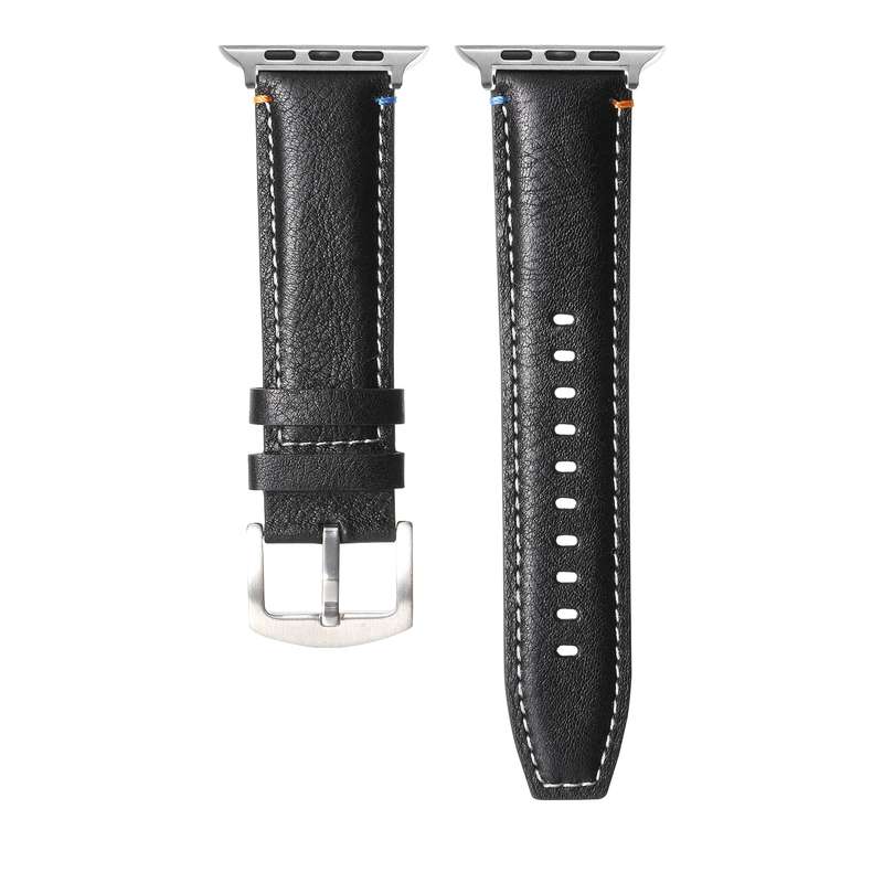 Stitched Genuine Leather Watch Band For Apple Watch 42mm / 41mm / 40mm / 38mm(Pull Up Leather Black)