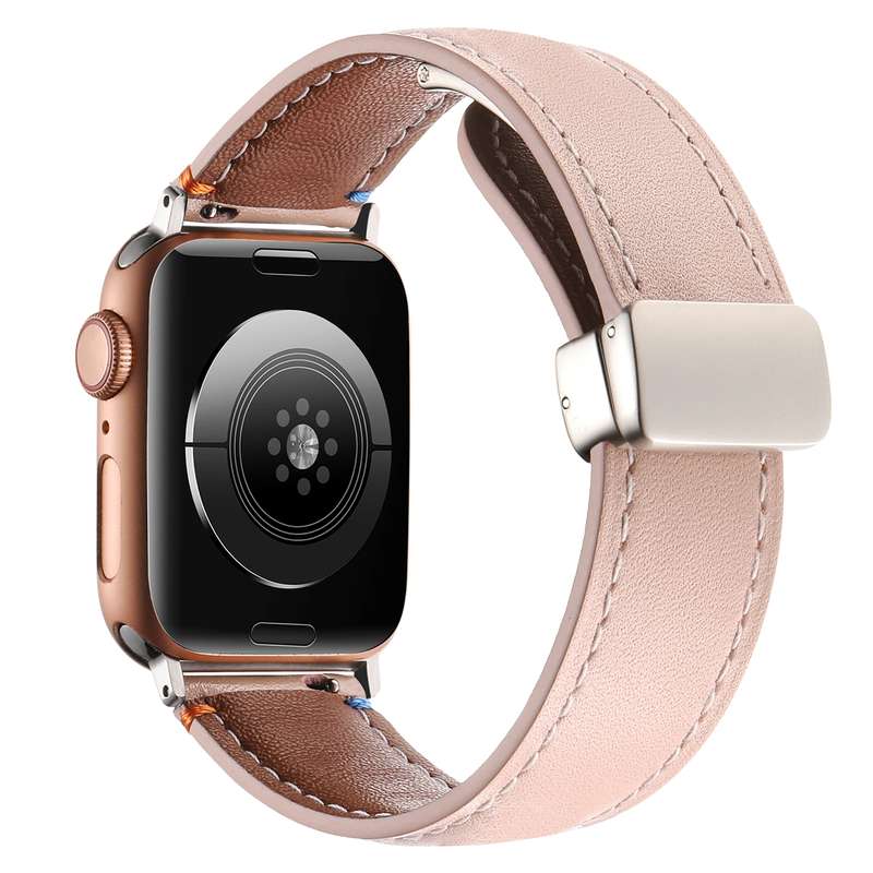 Magnetic Buckle Stitched Genuine Leather Watch Band For Apple Watch 42mm / 41mm / 40mm / 38mm(Pink)