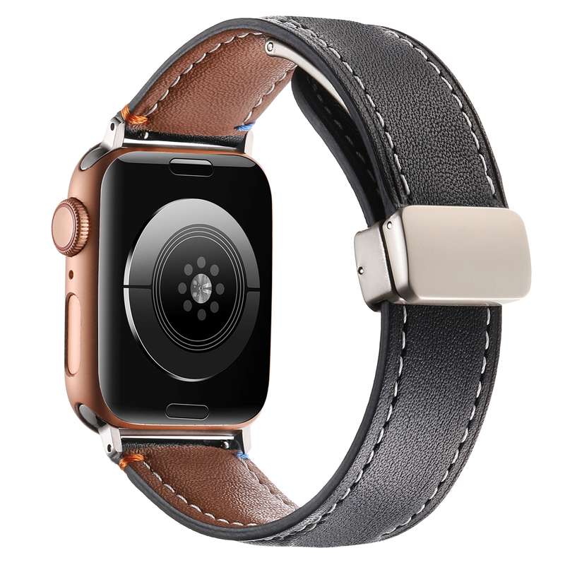 Magnetic Buckle Stitched Genuine Leather Watch Band For Apple Watch 42mm / 41mm / 40mm / 38mm(Pink)