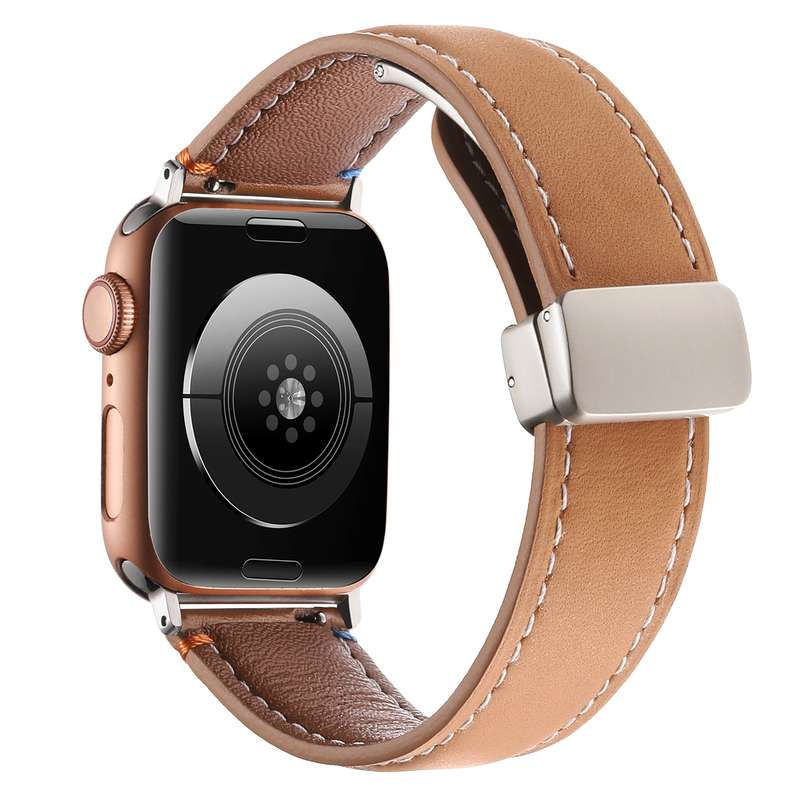 Magnetic Buckle Stitched Genuine Leather Watch Band For Apple Watch 42mm / 41mm / 40mm / 38mm(Pink)
