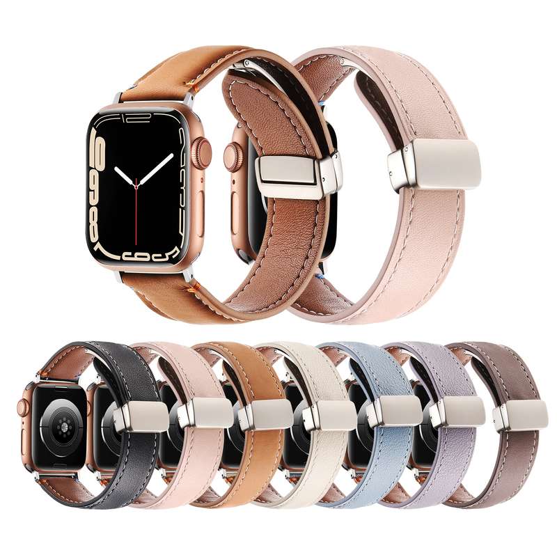 Magnetic Buckle Stitched Genuine Leather Watch Band For Apple Watch 42mm / 41mm / 40mm / 38mm(Pink)