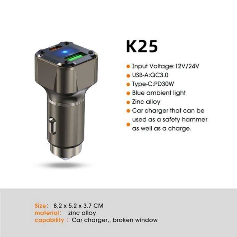 K25 Fast Charging Metal Window Breaker Car Charger Adapter PD 30W Super Charger