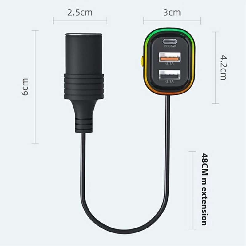 YQ9 12-24V Vehicles Type-C and Dual USB Car Front Rear Seat Cigarette Lighter Charger