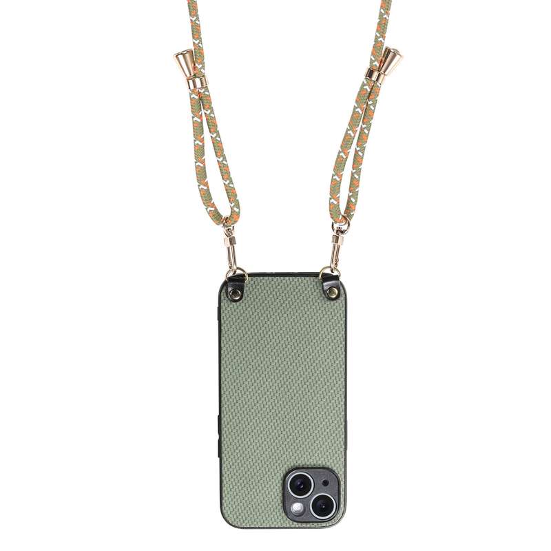 For iPhone 16 Pro Max Carbon Fiber Texture Leather Back Phone Case with Crossbody Strap(Green)
