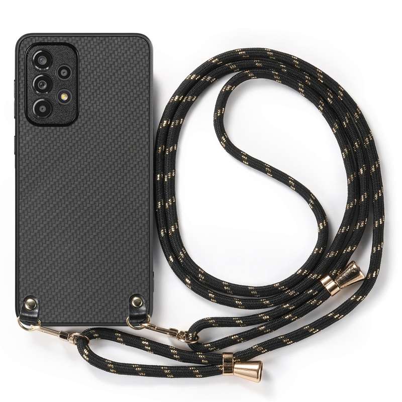 For Samsung Galaxy A34 5G Carbon Fiber Texture Leather Back Cover Phone Case with Crossbody Strap(Gr