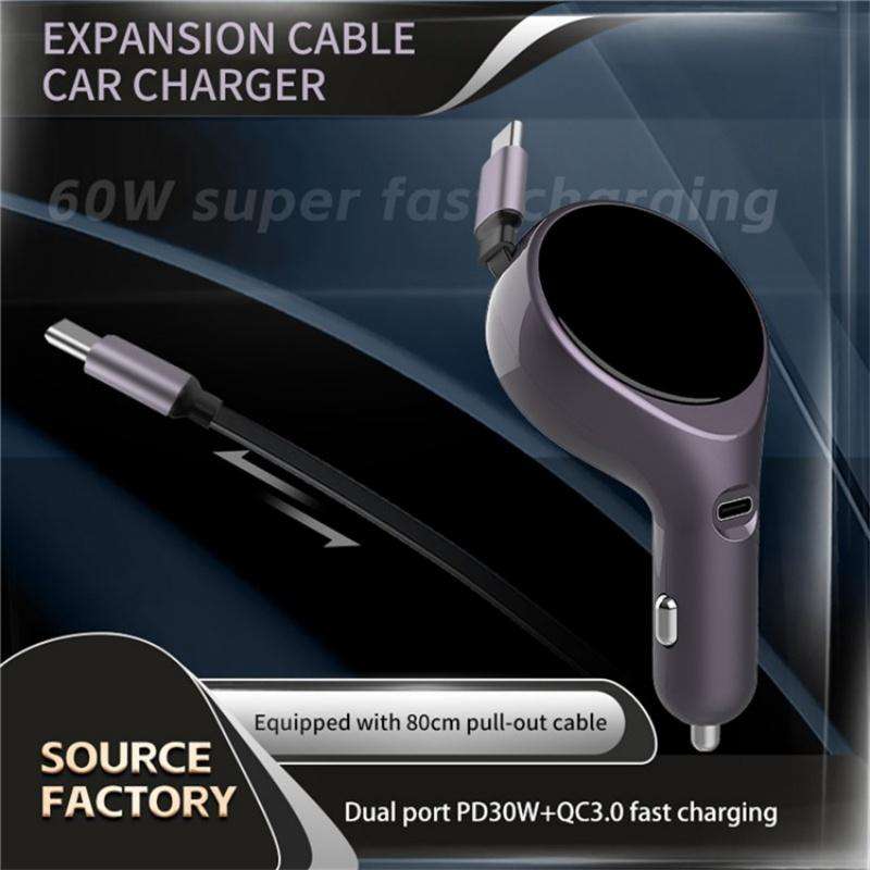 K1 With Retractable Cable Car Charger Type-C PD 20W Fast Charging Adapter