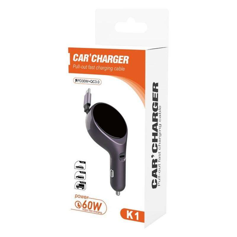 K1 With Retractable Cable Car Charger Type-C PD 20W Fast Charging Adapter