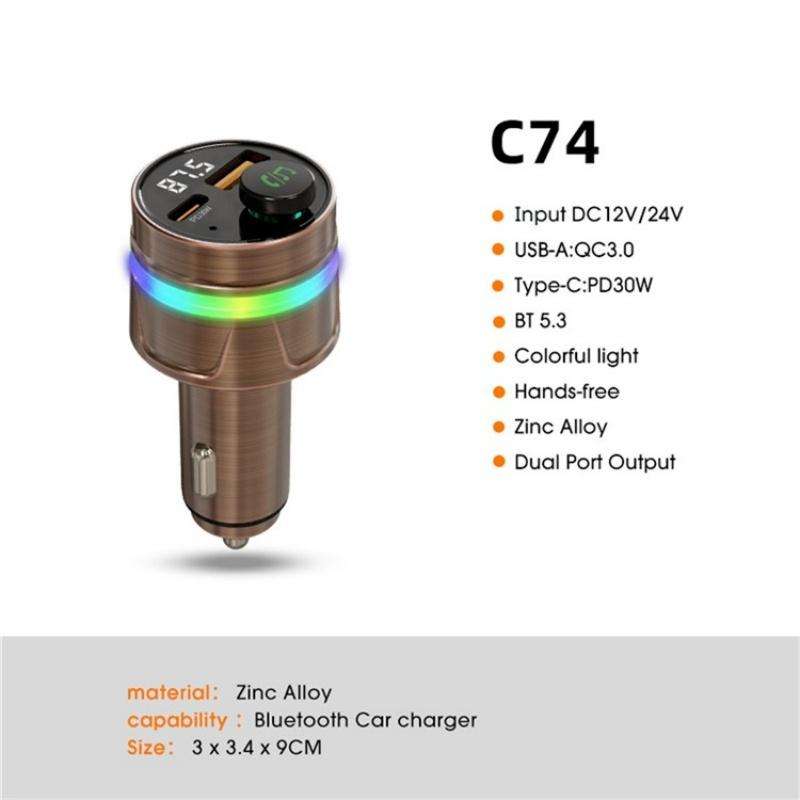 C74 Bluetooth 5.3 Car Charger PD 30W Fast Charging with Digital Display
