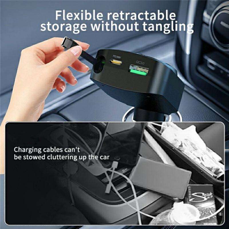 K38 Retractable Cable USB + Type-C Car Charger PD 30W Fast Charging Cigarette Lighter Adapter