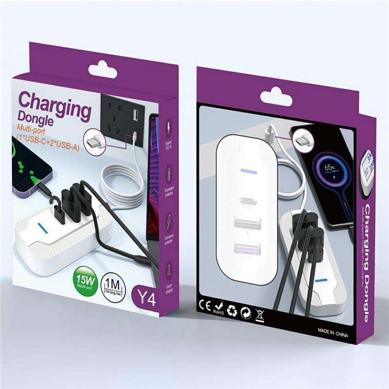 Y4 Car Rear Seat Multi Port Power Expander Type C + Dual USB Fast Charger with Extension Cable