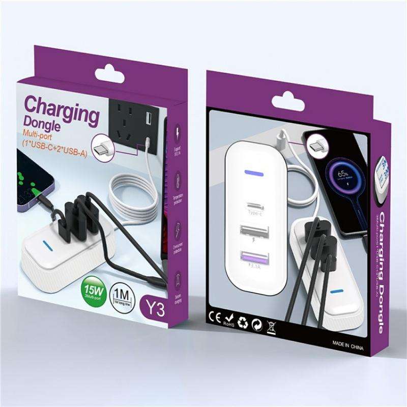 Y3 Car Rear Seat Charger Type-C and Dual USB Fast Charging Adapter with 1m Extension Cable