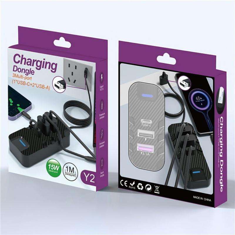 Y2 Type-C and Dual USB Carbon Fiber Texture Car Rear Seat Charger Adapter with Extension Cable
