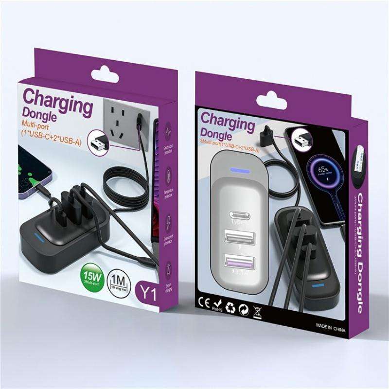 Y1 Type-C and Dual USB Car Rear Seat Charger Fast Charging Adapter with 1m Extension Cable