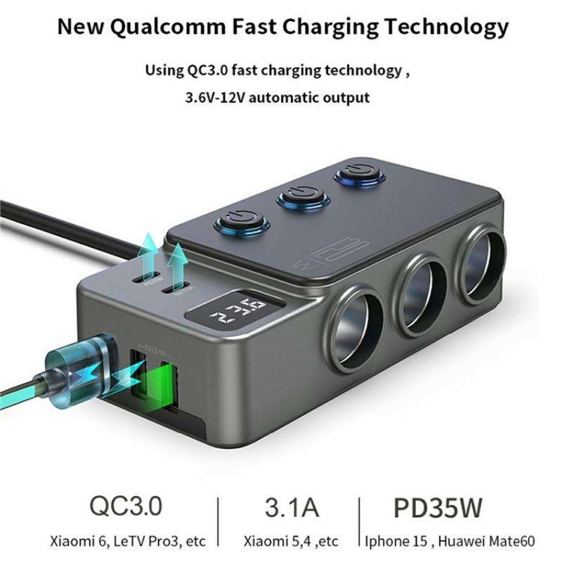 GC06 Voltage Display Cigarette Lighter Adapter Car Charger High Power Fast Charging