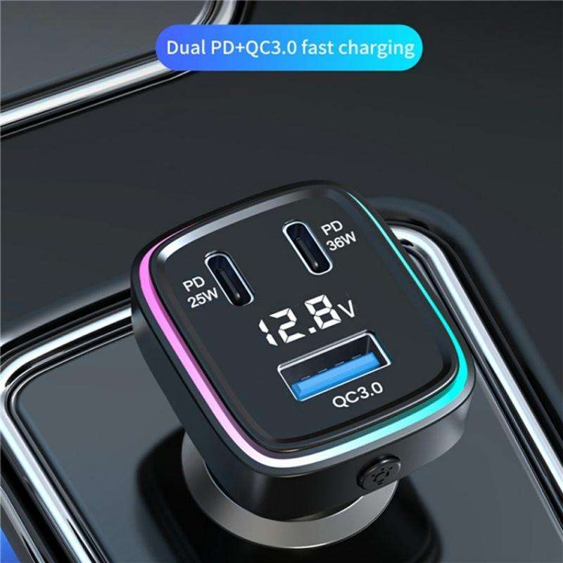 GE13 With Colorful Ambient Light Voltage Display 3-Port Fast Charging Car Charger