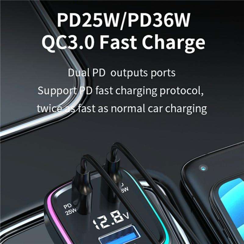 GE13 With Colorful Ambient Light Voltage Display 3-Port Fast Charging Car Charger