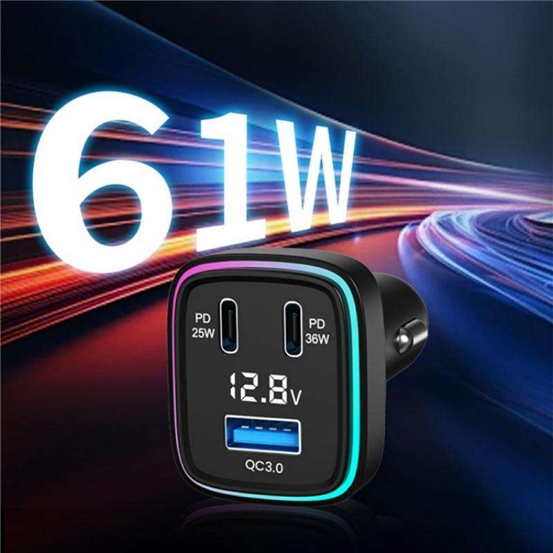 GE13 With Colorful Ambient Light Voltage Display 3-Port Fast Charging Car Charger