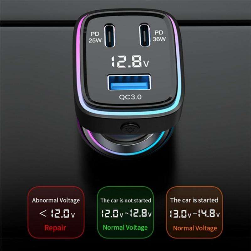 GE13 With Colorful Ambient Light Voltage Display 3-Port Fast Charging Car Charger