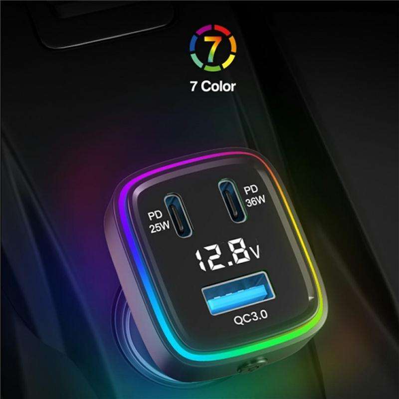 GE13 With Colorful Ambient Light Voltage Display 3-Port Fast Charging Car Charger