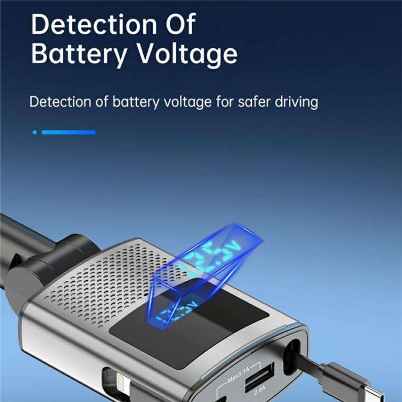 GE02 Wth Retractable Type-C Cable Voltage Display Fast Charging Car Charger