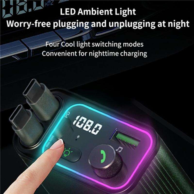 GC08C Dual Type-C Retractable Cables Ambient Light Voltage Display PD 65W Fast Car Charger