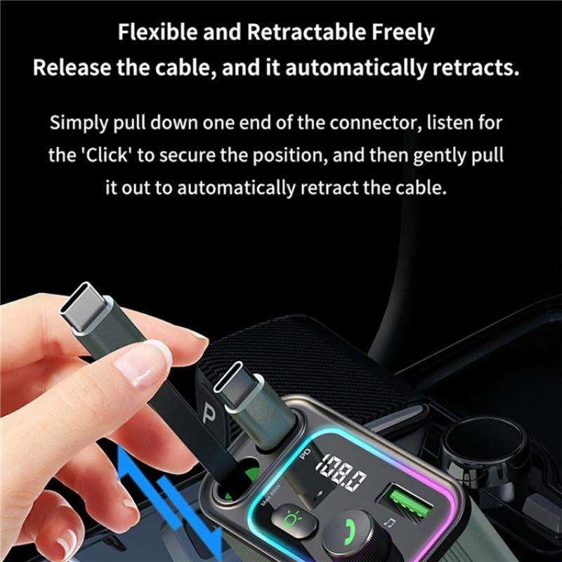 GC08C Dual Type-C Retractable Cables Ambient Light Voltage Display PD 65W Fast Car Charger